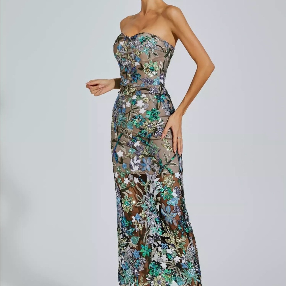 Strapless Floral Appliqué Midi Dress in Blue and Green; Sheer; Prom - Picture 6 of 8